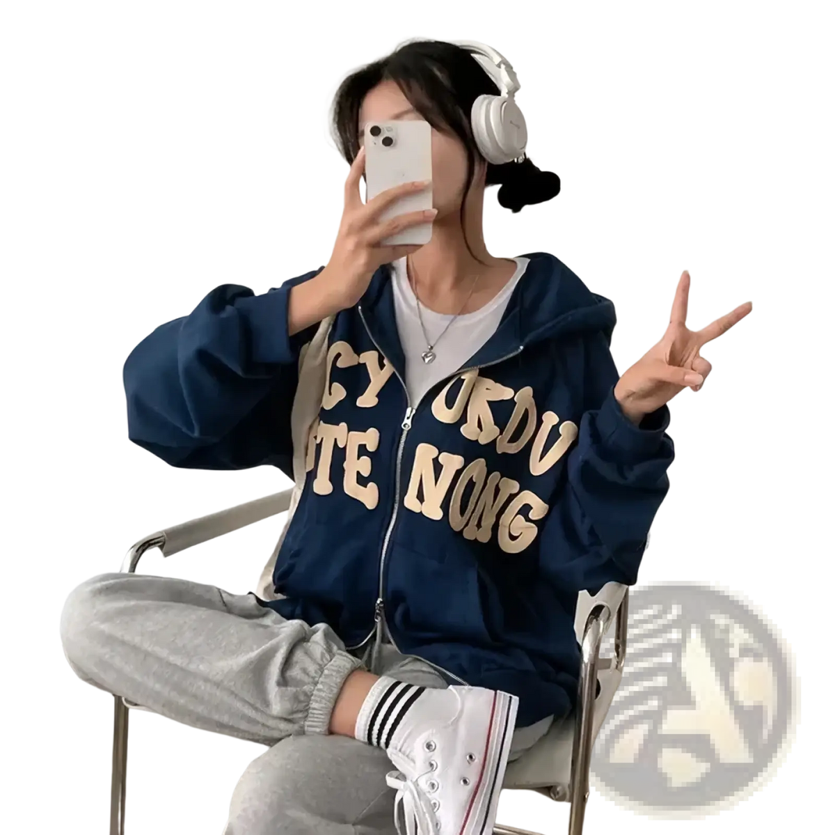 Navy blue y2k zip up hoodie with beige lettering and white inner lining featuring vintage harajuku streetwear style