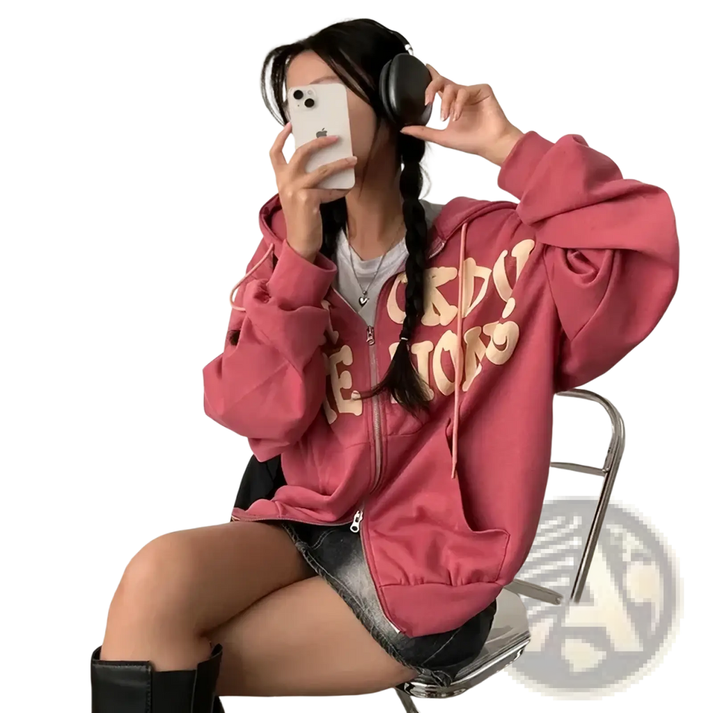 Pink zip-up hoodie with cream-colored lettering and drawstrings in vintage Y2k Harajuku streetwear style