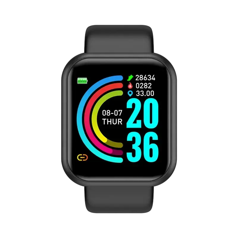 Black Y68 fitness smart watch with colorful digital display tracking time and health data mobile phone wireless sync requires download app firstly