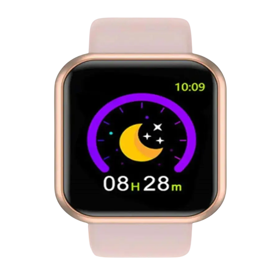 Rose gold Y68 fitness smart watch with soft pink silicone strap and purple crescent moon face for mobile phone wireless use