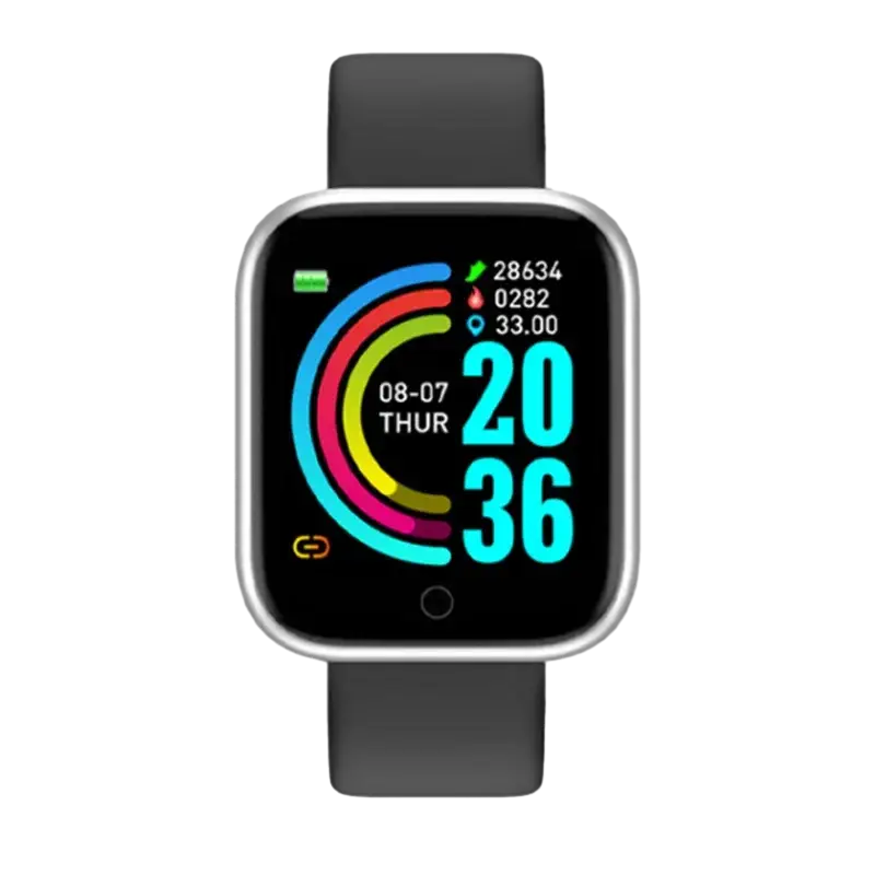 Silver-framed y68 fitness smart watch with gray silicone strap and colorful screen requires mobile phone download app firstly