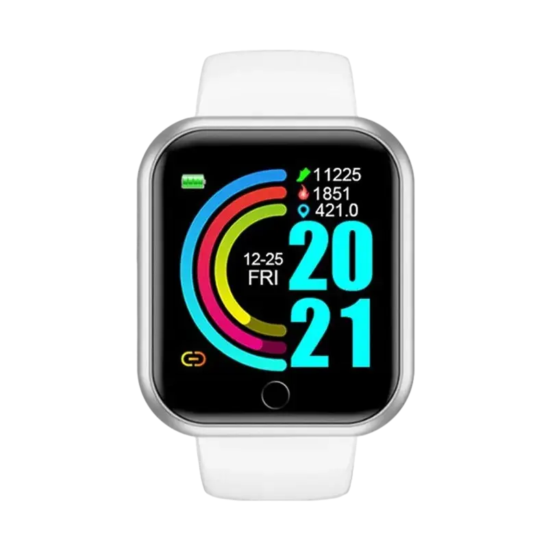 White Y68 fitness smart watch with silver bezel colorful display tracking steps heart rate and location requires mobile phone download app firstly