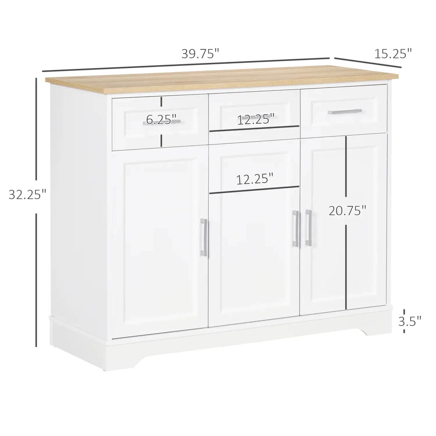 White kitchen sideboard buffet cabinet with a light oak wood top and silver handles featuring ample storage space.