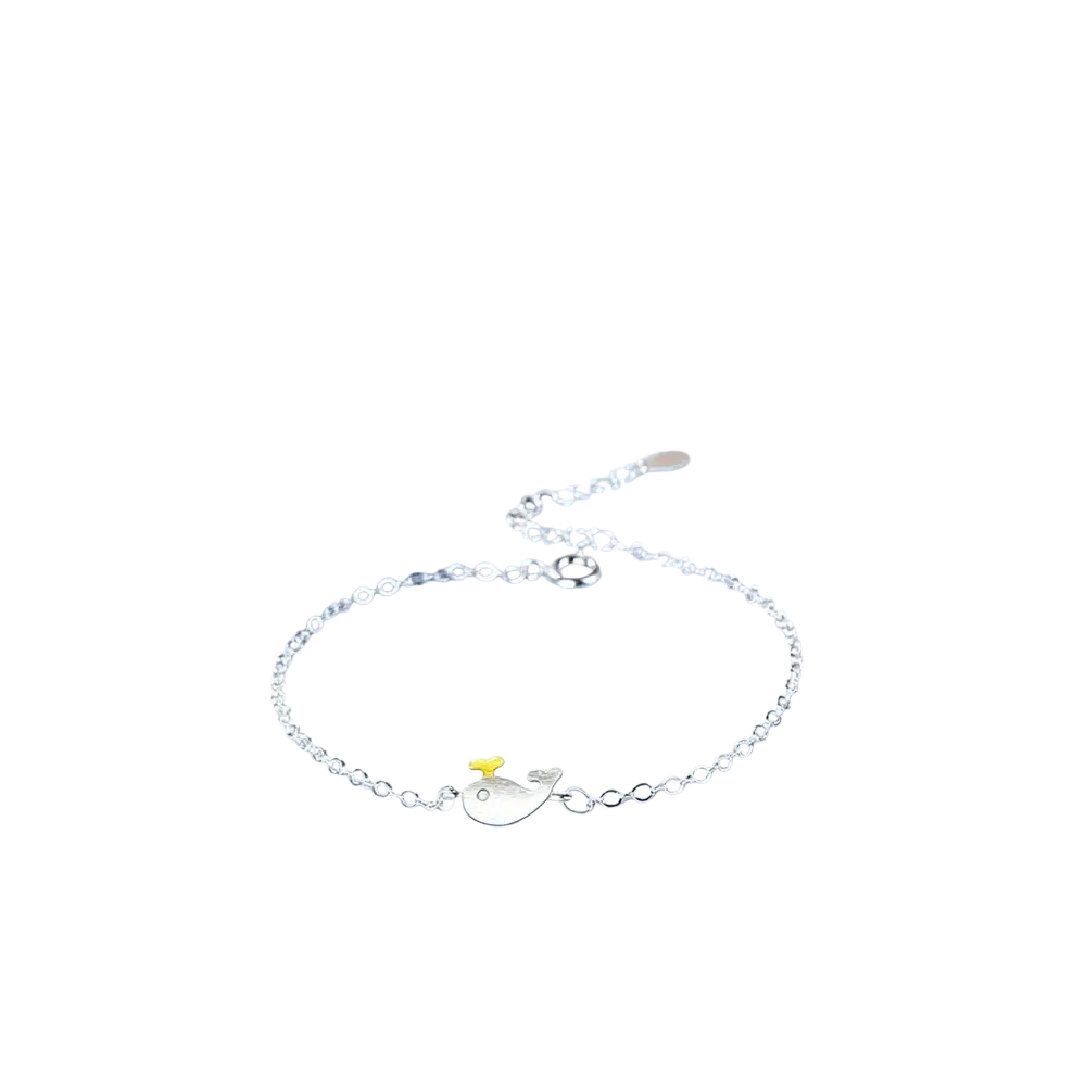 Yaameli sterling silver cubic zirconia whale bracelet with delicate chain and yellow hat charm, perfect for fashion bracelets bangles