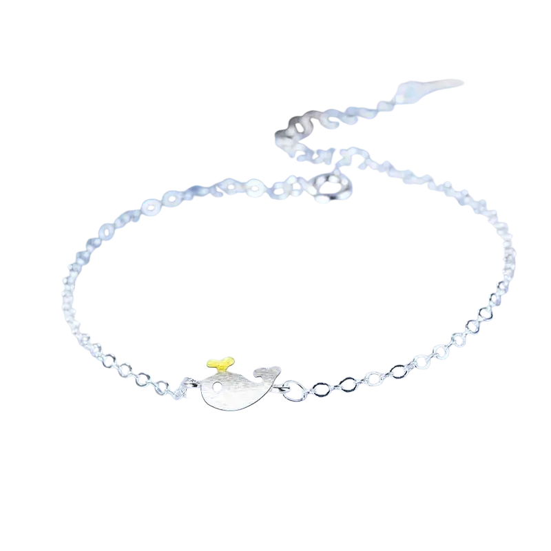 Yaameli sterling silver cubic zirconia whale bracelet with yellow accent and delicate chain links, minimalist design fashion bracelet