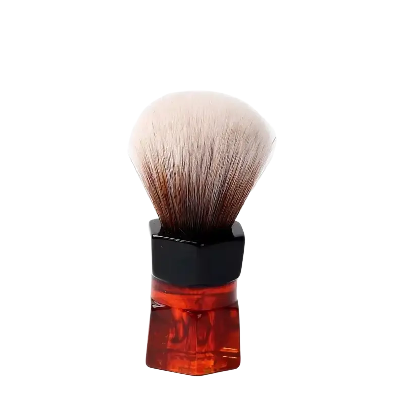Yaqi 24mm synthetic hair shaving brush with gradient white to brown bristles and amber translucent hexagonal handle