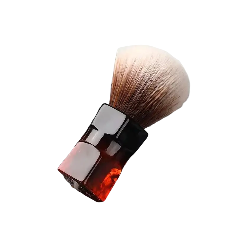 Yaqi 24mm synthetic hair shaving brush with dense gradient bristles and translucent amber acrylic handle with silver accent
