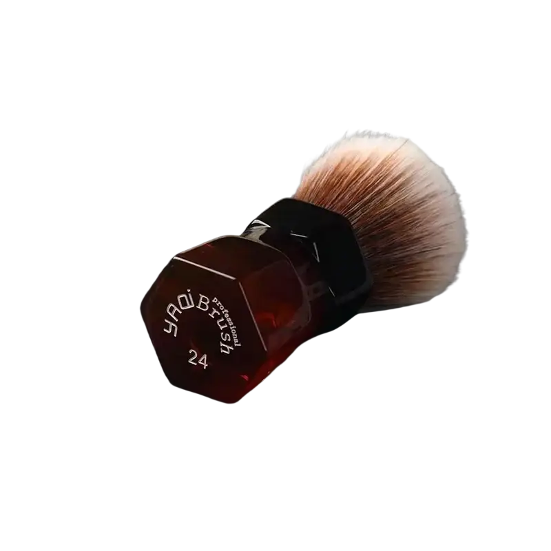 Yaqi 24mm synthetic hair shaving brush with faceted moka amber handle and soft light brown bristles