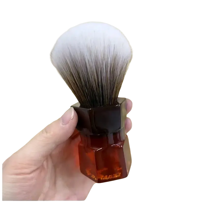 Yaqi 24mm synthetic hair shaving brush with gradient white to dark brown bristles and amber hexagonal moka handle