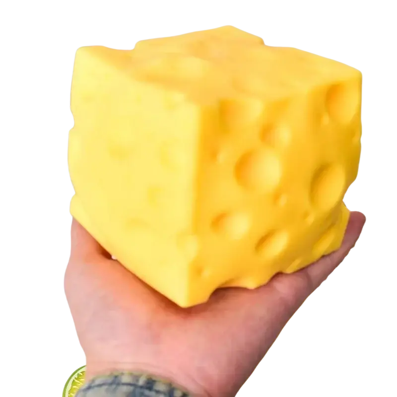 Yellow cheese squishy stress relief toy cube with bright yellow color and realistic textured holes for squeezing