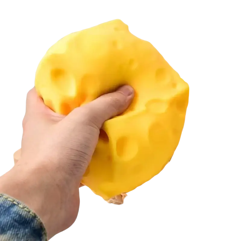 Yellow cheese squishy stress relief toy with a bright yellow cheese shape and soft porous texture for stress relief