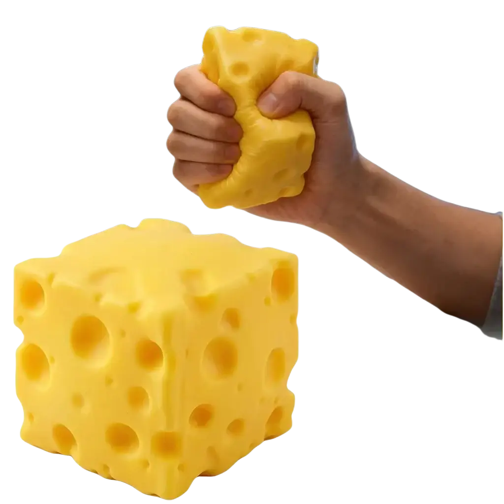 Yellow cheese squishy stress relief toy with holes and soft squishy texture for effective stress reduction