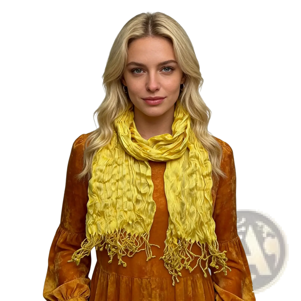 A vibrant yellow crinkle silk scarf with textured fabric and fringed edges worn around the neck