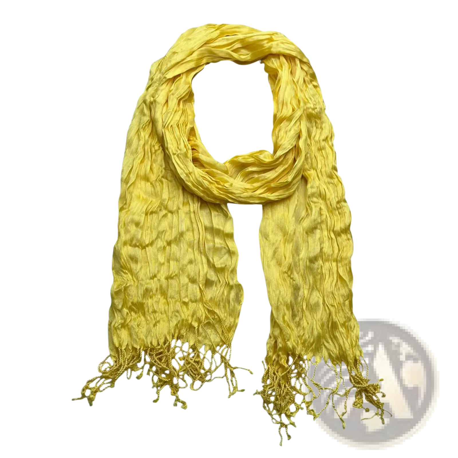 A vibrant yellow crinkle scarf made of textured summer silk with fringed ends perfect as a stylish accessory