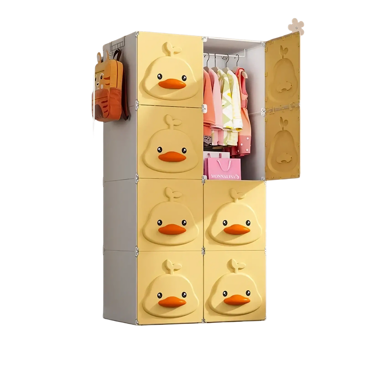 Yellow duck modular kids wardrobe closet plastic storage cabinet with white frame and magnetic door closures
