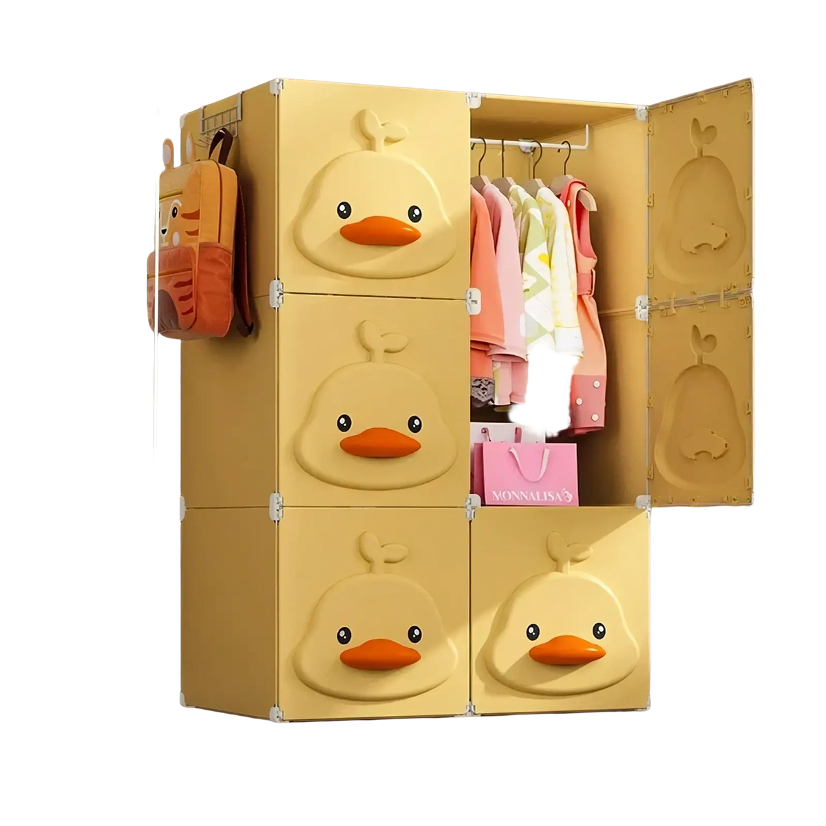 Yellow duck modular kids wardrobe closet in plastic with duck-faced yellow front featuring orange beaks and black eyes