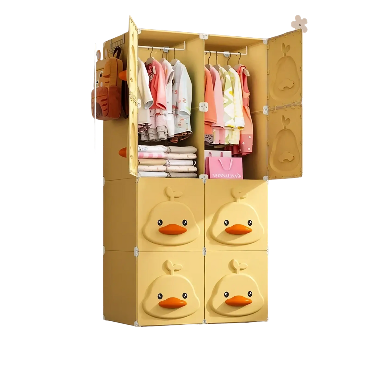 Yellow duck modular kids wardrobe closet in plastic with four front doors and two hanging sections above