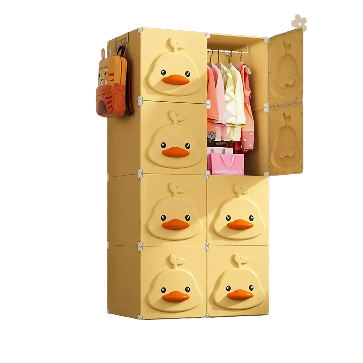 Yellow duck modular kids wardrobe closet made of plastic with magnetic doors and hanging hooks for storage organization