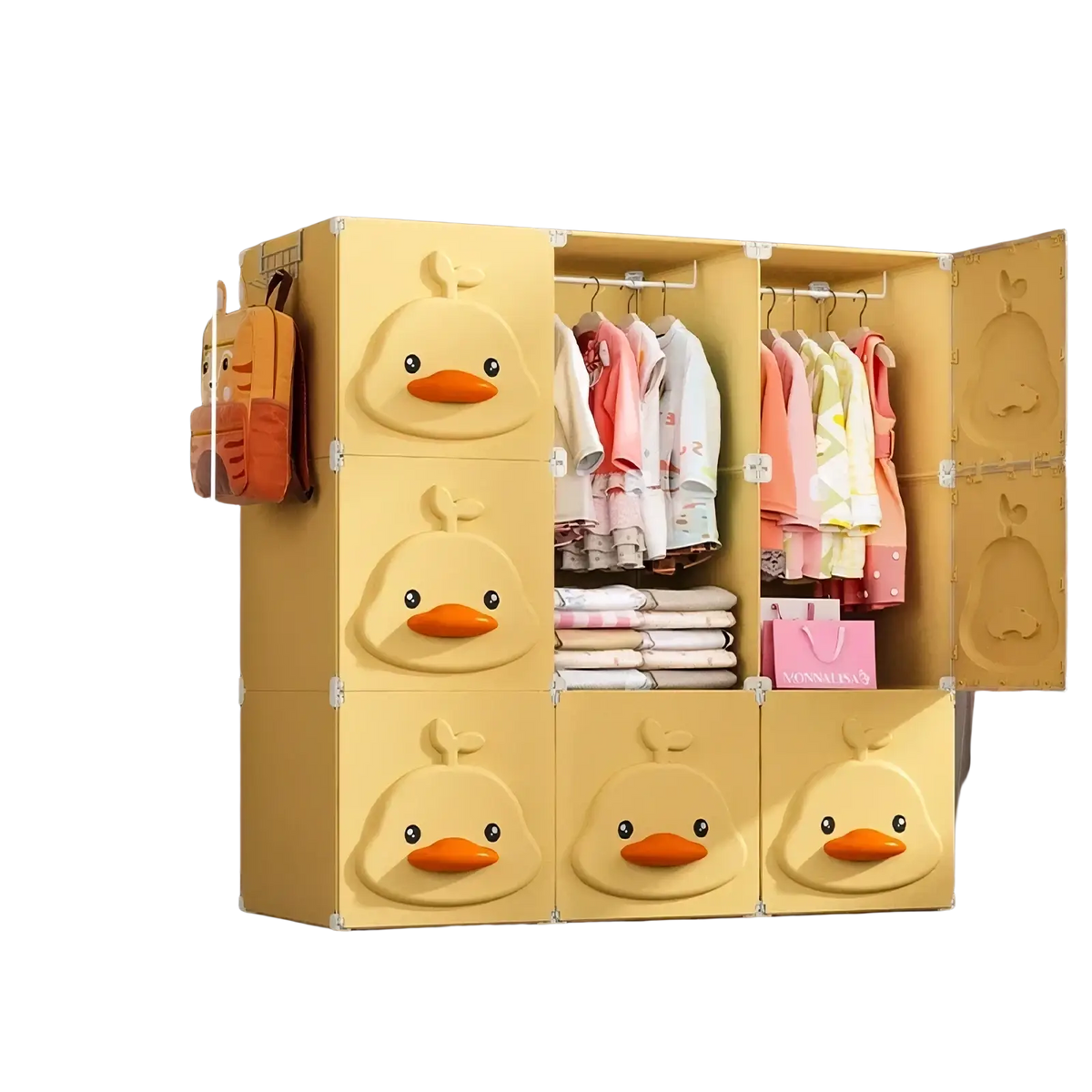 Yellow duck modular kids wardrobe closet with yellow duck-faced plastic doors featuring orange beaks and black eyes