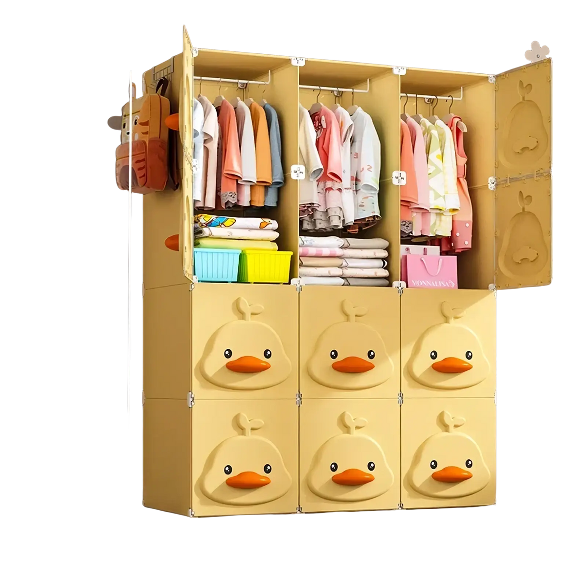 Yellow duck modular kids wardrobe closet made of plastic with three hanging sections and six drawer fronts