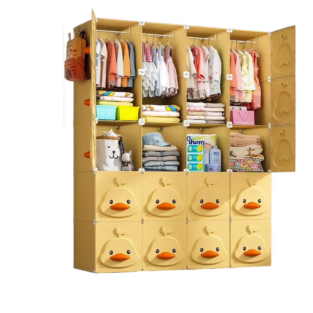 Yellow plastic modular kids wardrobe closet featuring duck face designs on front panels for children’s storage