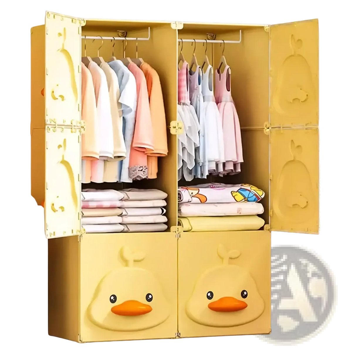 Yellow plastic modular kids wardrobe closet with duck face designs and shelves holding folded clothes and hanging garments