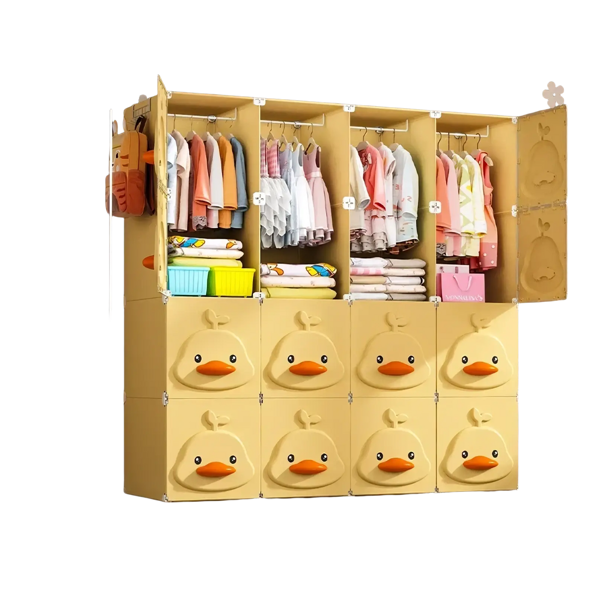 Yellow plastic modular kids wardrobe closet featuring duck face designs on the doors for playful storage
