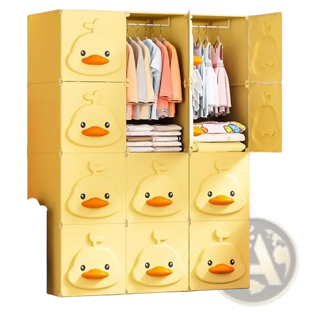 Yellow plastic modular kids wardrobe closet featuring duck face designs on each door panel for child-friendly storage