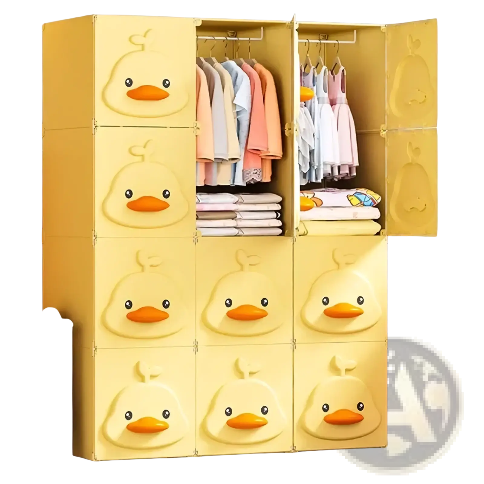 Yellow plastic modular kids wardrobe closet featuring duck face designs on each door panel for child-friendly storage