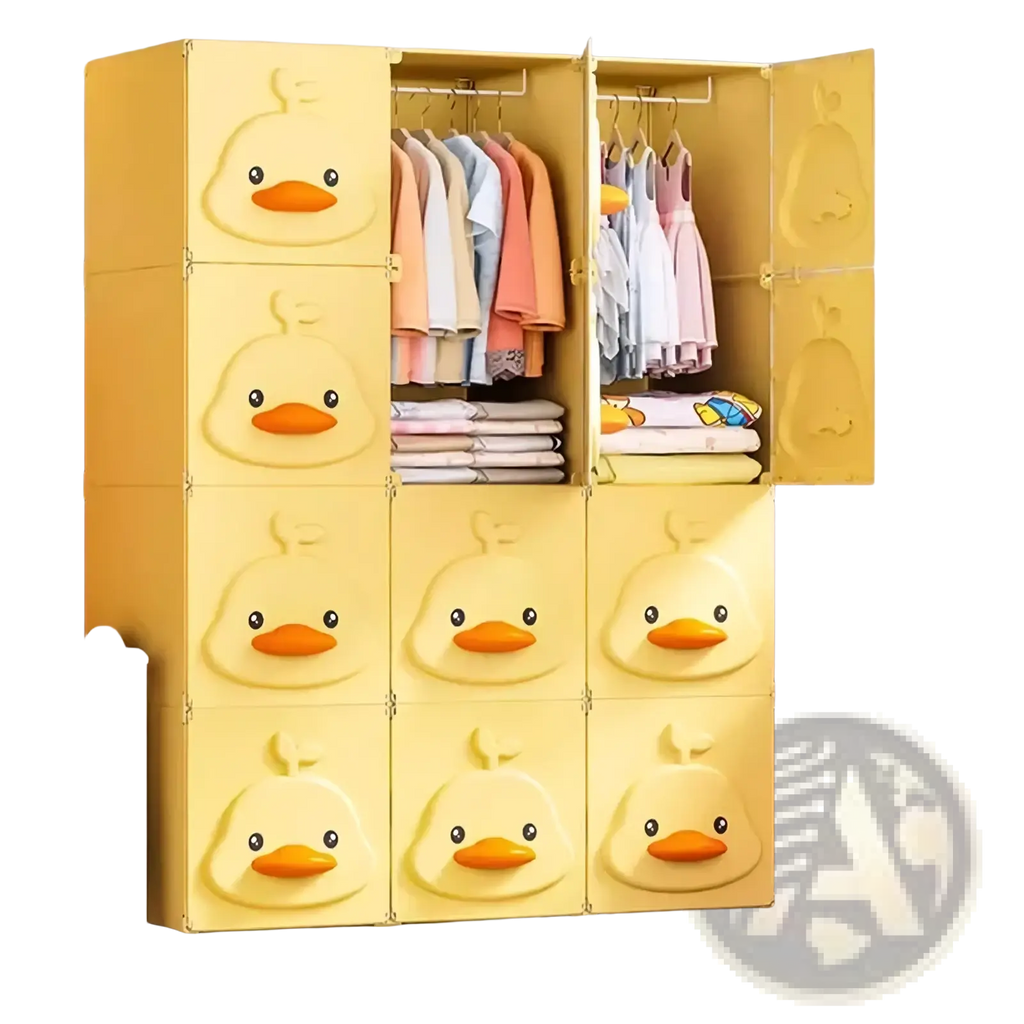 Yellow plastic modular kids wardrobe closet featuring duck face designs on each door panel for playful storage