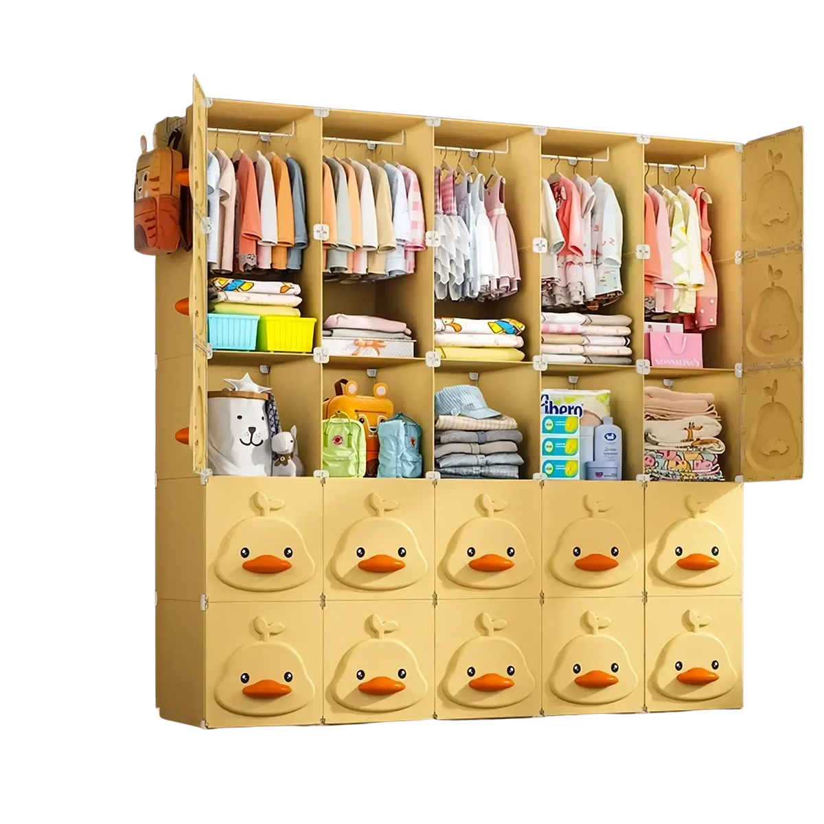 Yellow duck modular kids wardrobe closet made of yellow plastic with multiple compartments and hanging rods