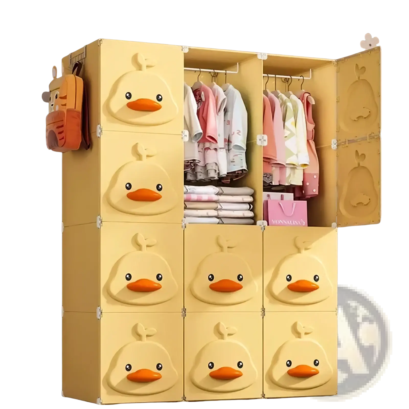 Yellow duck modular kids wardrobe closet featuring yellow plastic duck-themed panels with orange beaks and black eyes