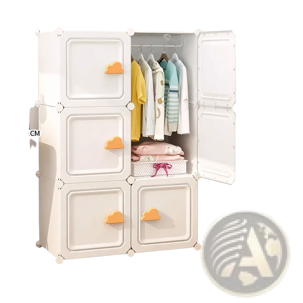White plastic modular storage cabinet with orange cloud-shaped handles for yellow duck kids wardrobe closet