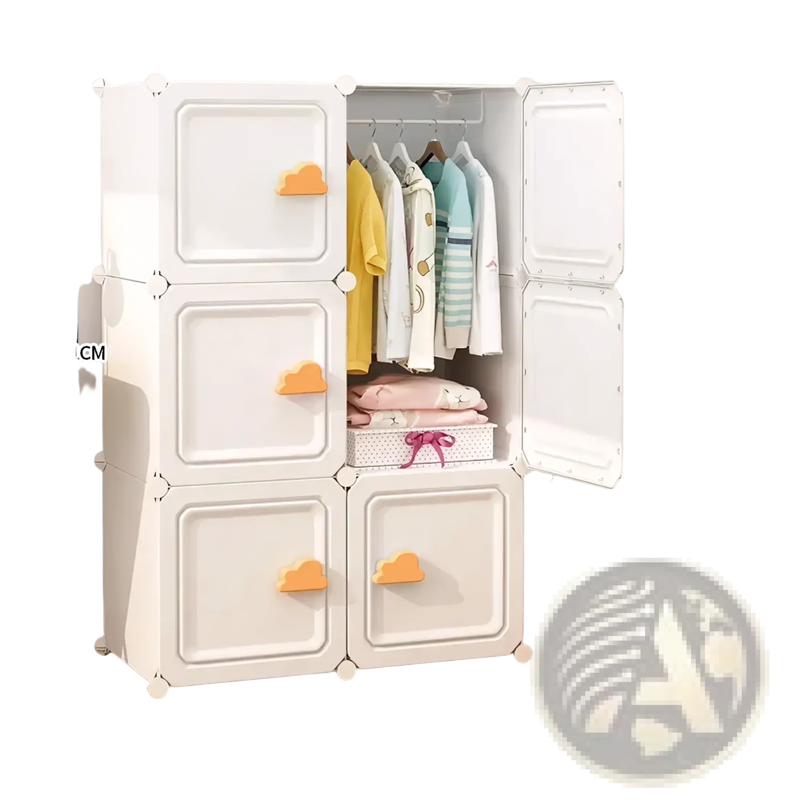 White plastic modular storage cabinet with orange cloud-shaped handles for yellow duck kids wardrobe closet