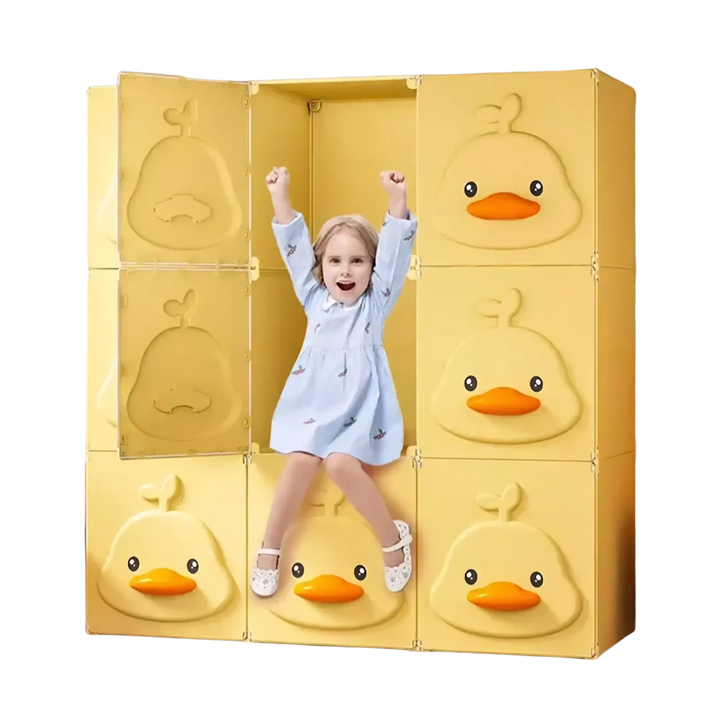 Yellow duck modular kids wardrobe closet featuring yellow duck-themed embossed faces and orange beak details