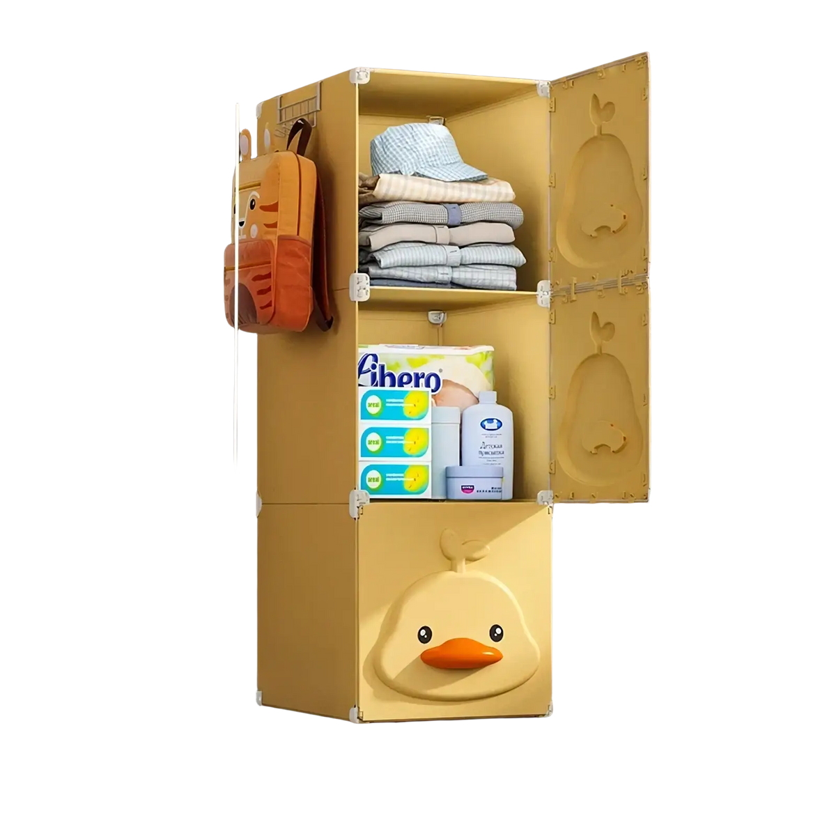 Yellow duck modular kids wardrobe closet featuring a plastic storage cabinet with three compartments and magnetic closure