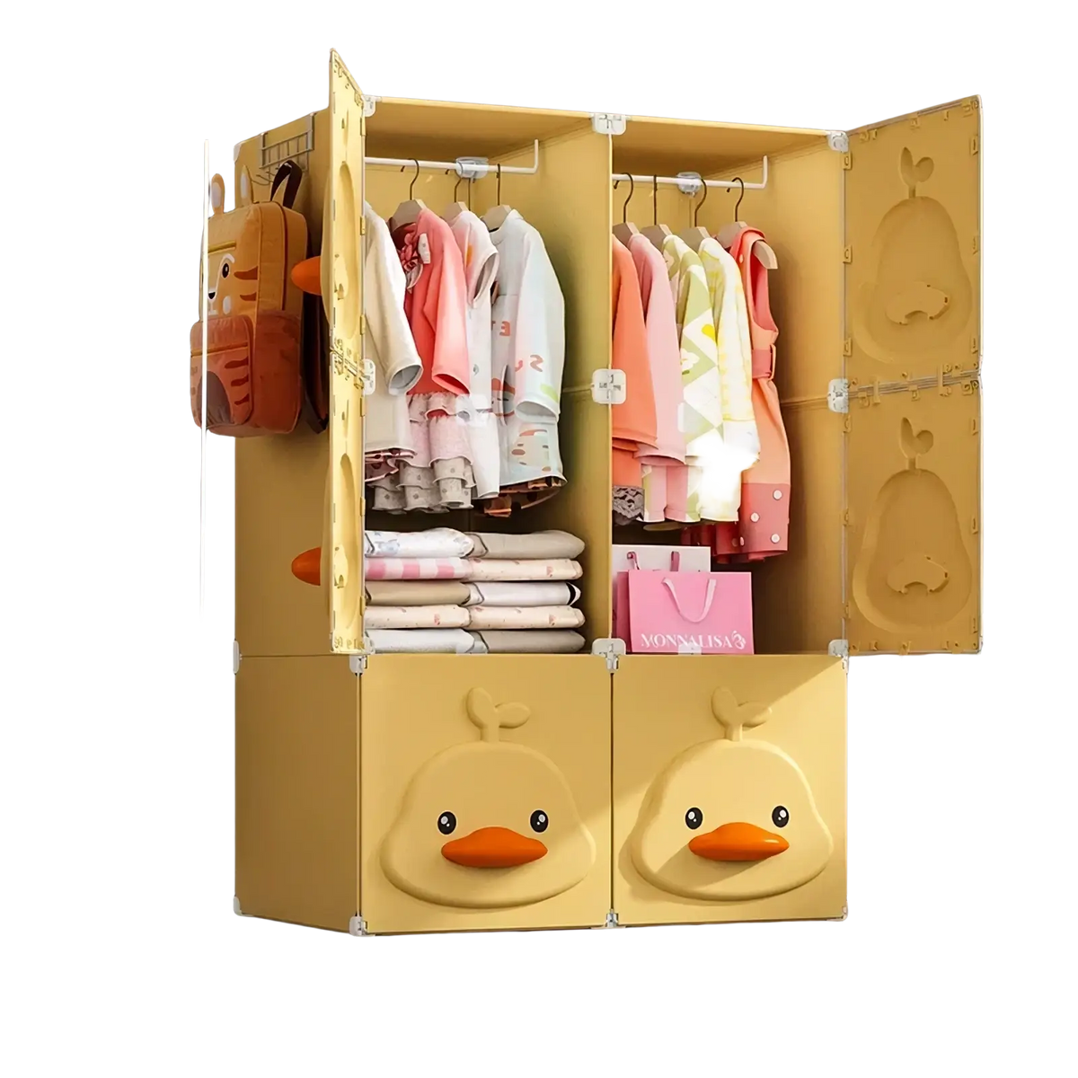 Yellow duck modular kids wardrobe closet made of plastic with cartoon faces and hanging hooks for storage