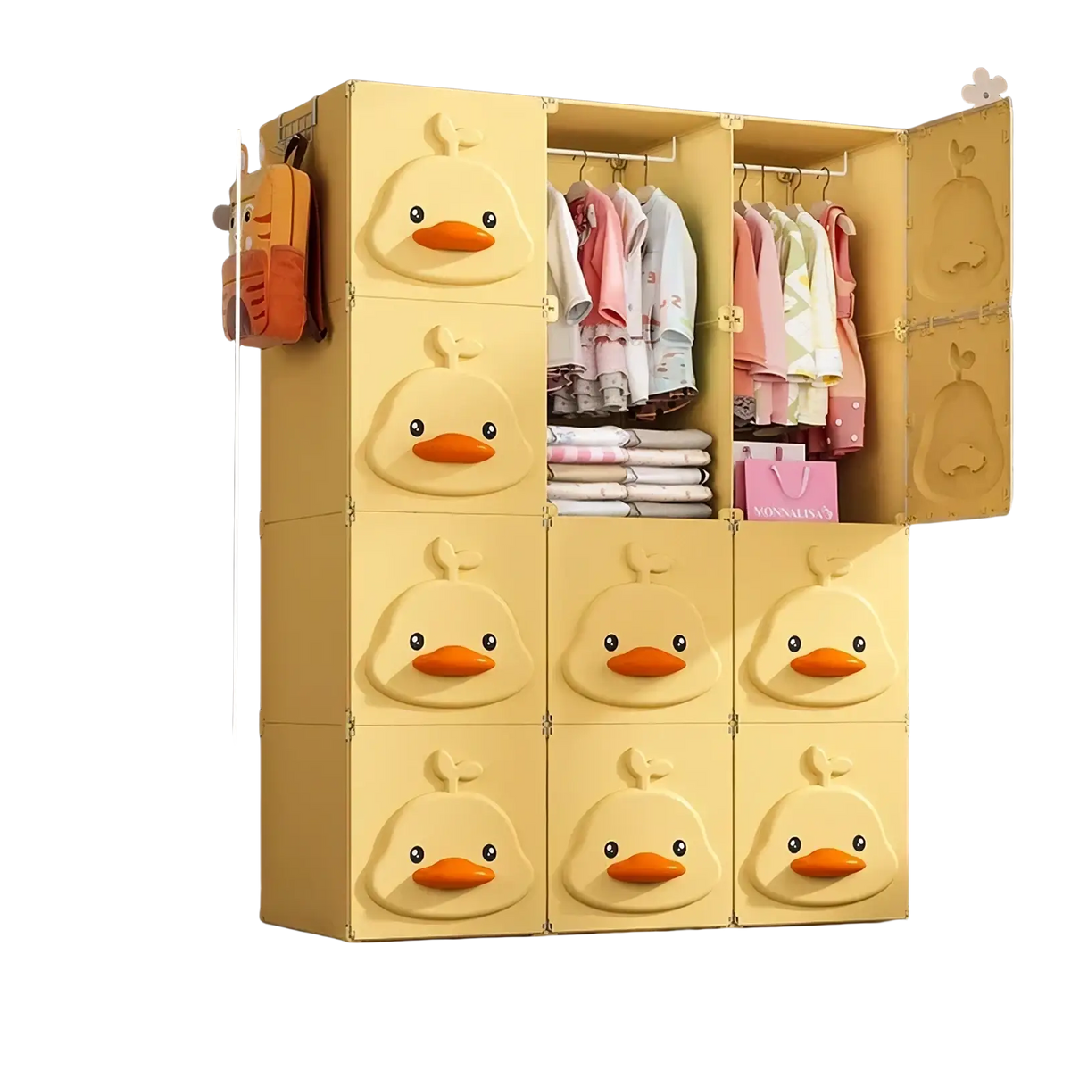 Yellow duck modular kids wardrobe closet made of plastic with six doors and two hanging rods for storage organization