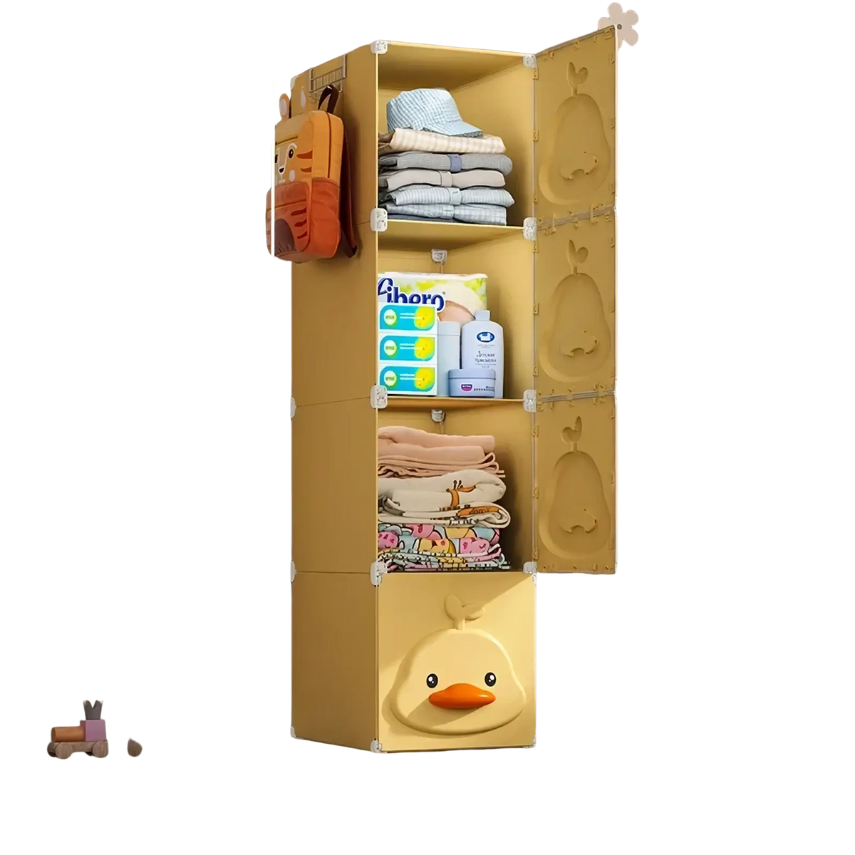 Yellow duck modular kids wardrobe closet made of plastic featuring duck face and pear designs for children’s storage