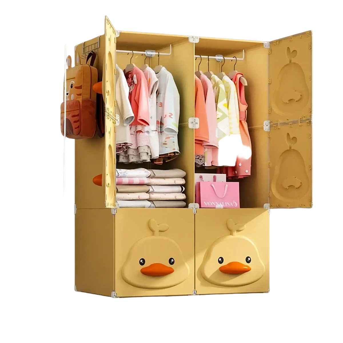 Yellow duck modular kids wardrobe closet with cartoon faces plastic storage and hanging clothes inside