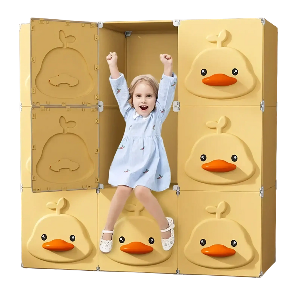 Yellow duck modular kids wardrobe closet with plastic panels featuring orange beaks and black eyes on each door