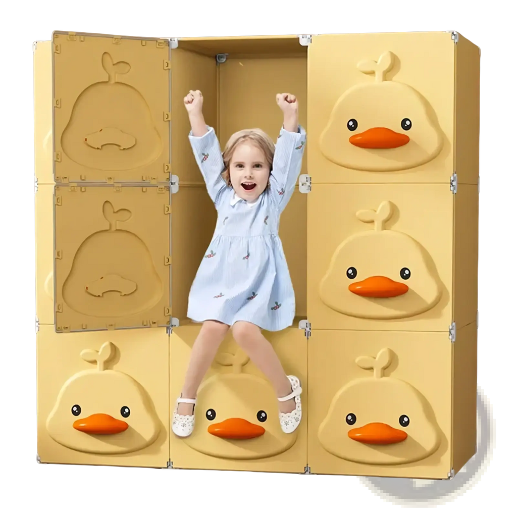Yellow duck modular kids wardrobe closet with plastic panels featuring orange beaks and black eyes on each door