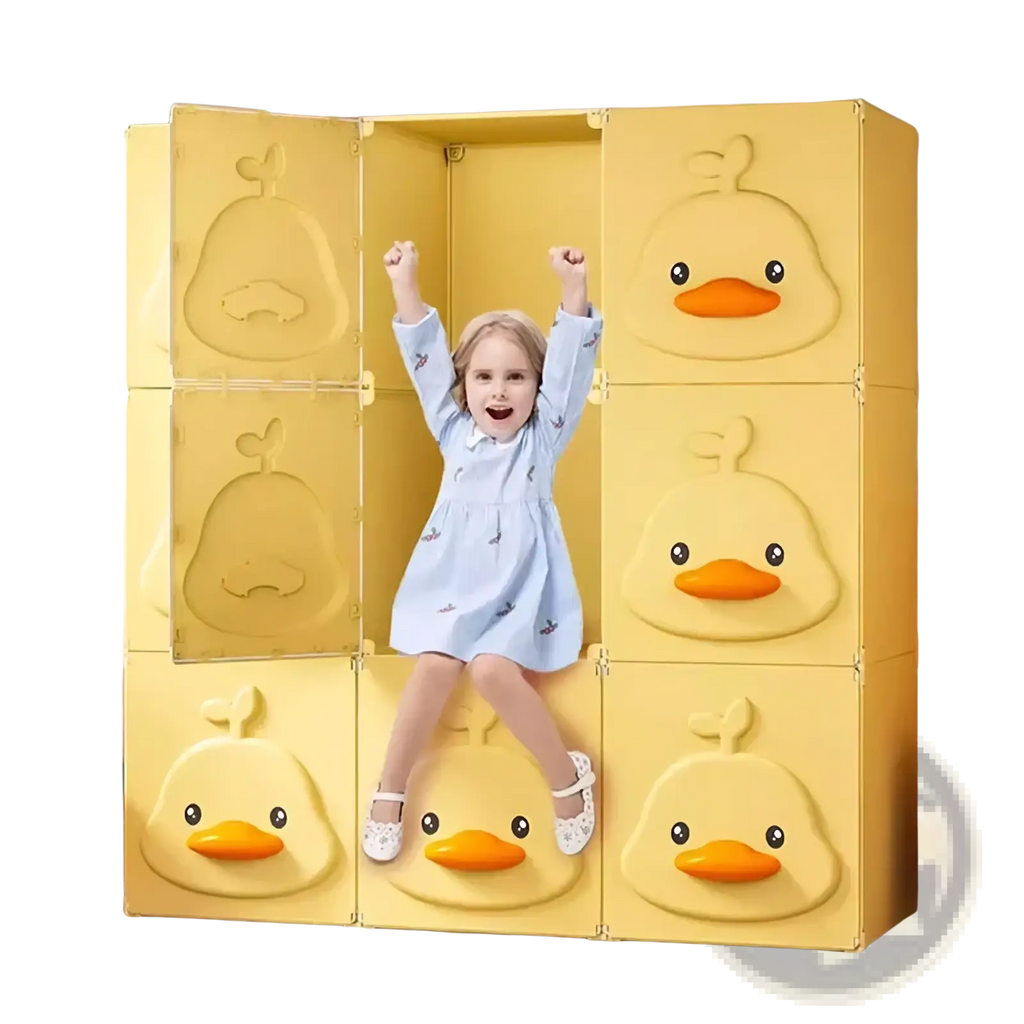Yellow duck modular kids wardrobe closet featuring yellow duck-themed embossed faces and orange beak details