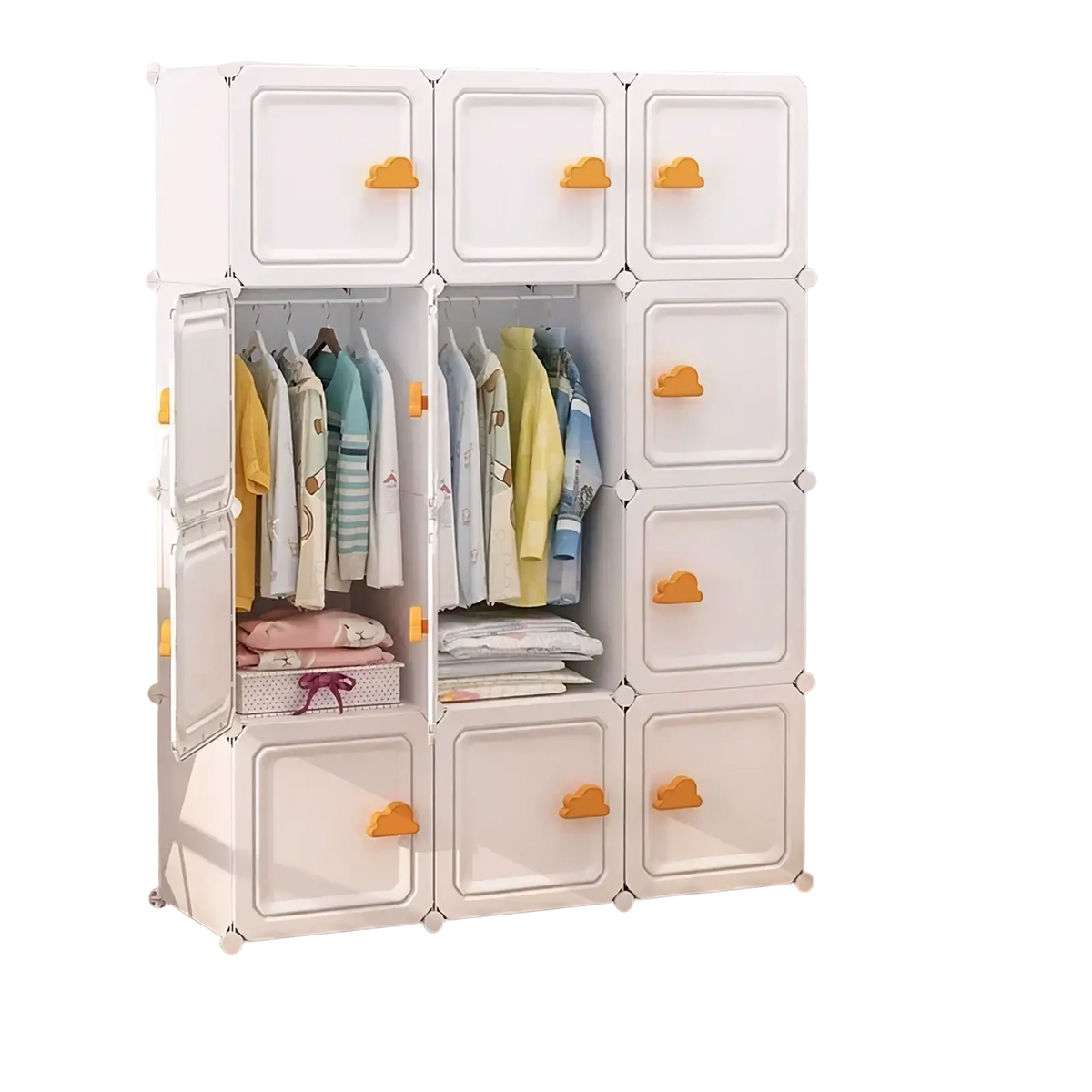 White plastic yellow duck modular kids wardrobe closet with orange cloud-shaped handles and 2-door 8-compartment design