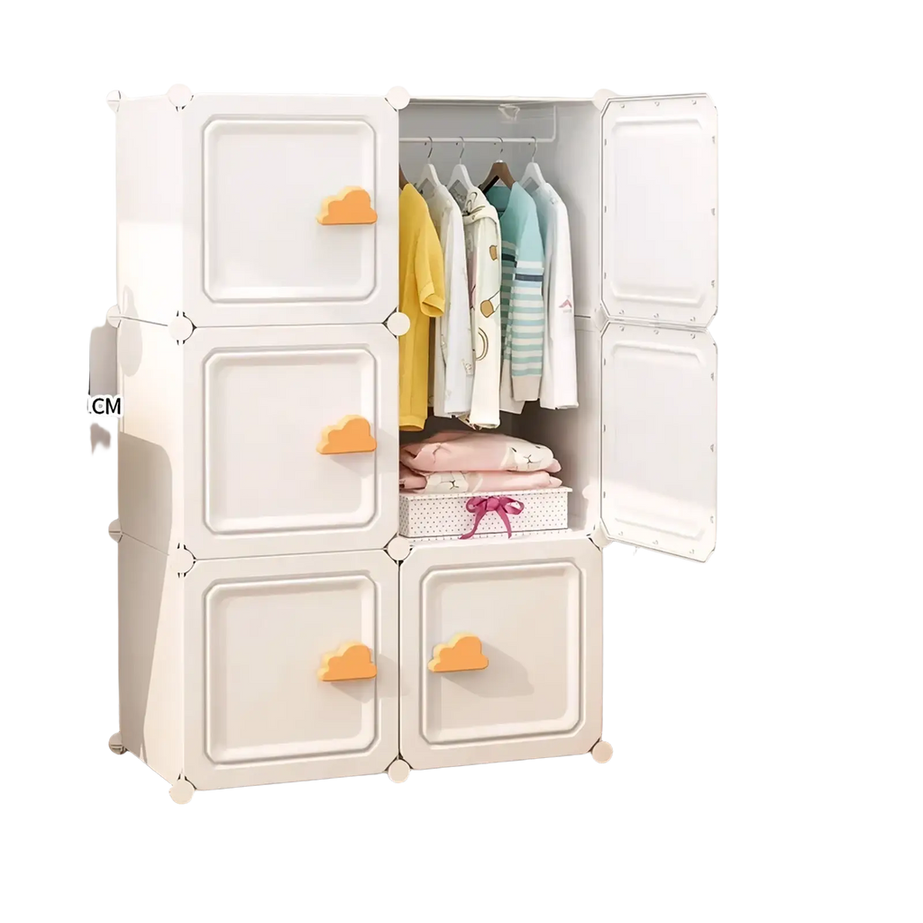 White plastic modular storage cabinet with orange cloud-shaped handles for yellow duck kids wardrobe closet