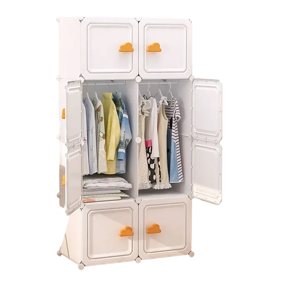 White plastic yellow duck modular kids wardrobe closet with orange cloud-shaped handles and cube-like design