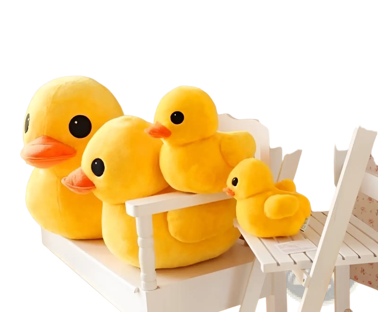 Three plush yellow rubber duck toys soft stuffed animals with black eyes and orange beaks sizes 20 to 50cm