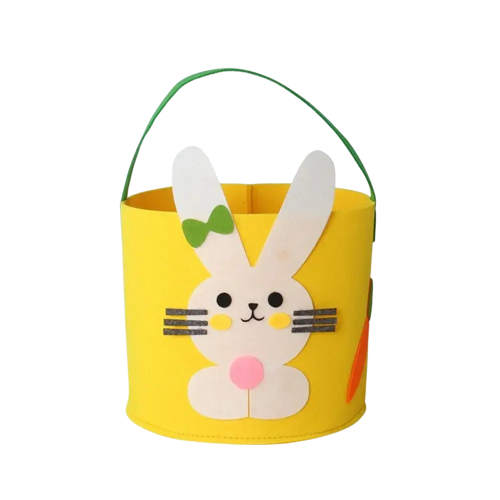 Yellow felt Easter bunny basket gift bag with a white bunny face featuring black eyes pink nose and green bow tie