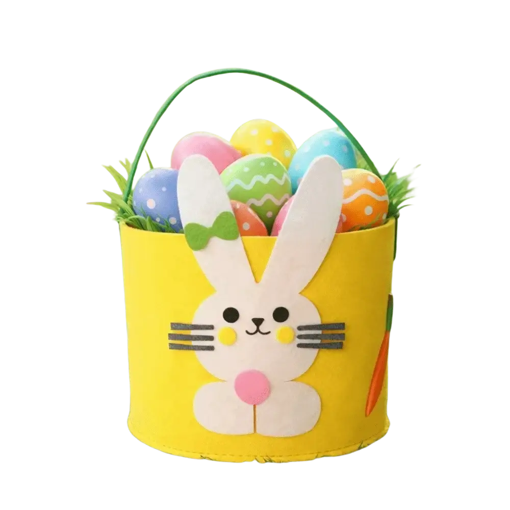 Yellow felt easter bunny basket gift bag with green handle containing colorful painted eggs for festive use