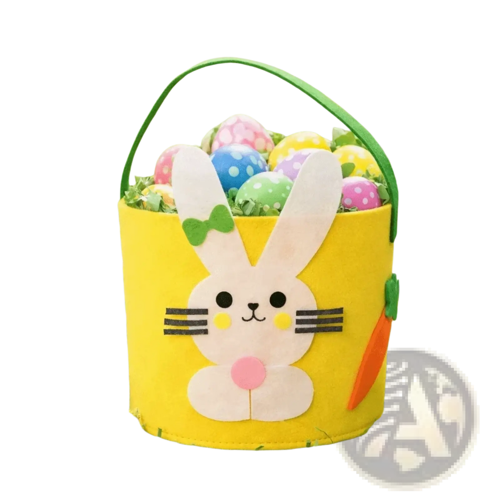 Yellow felt easter bunny basket gift bag with cute bunny face design featuring pink cheeks and black whiskers